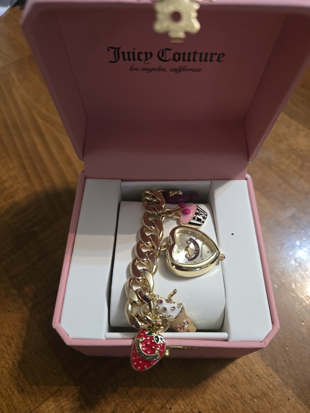 Juicy Couture Gold-Tone Heart Charm Bracelet Watch with Pink and Red Accents